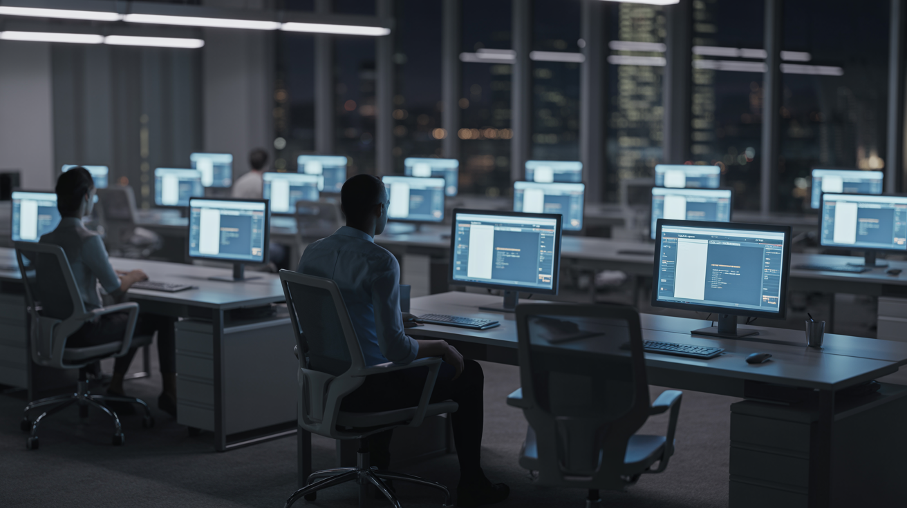 Empty corporate office at night with glowing computer screens representing missed after-hours sales opportunities