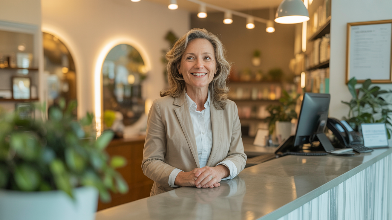 Small business owner at modern reception desk representing AI receptionist implementation